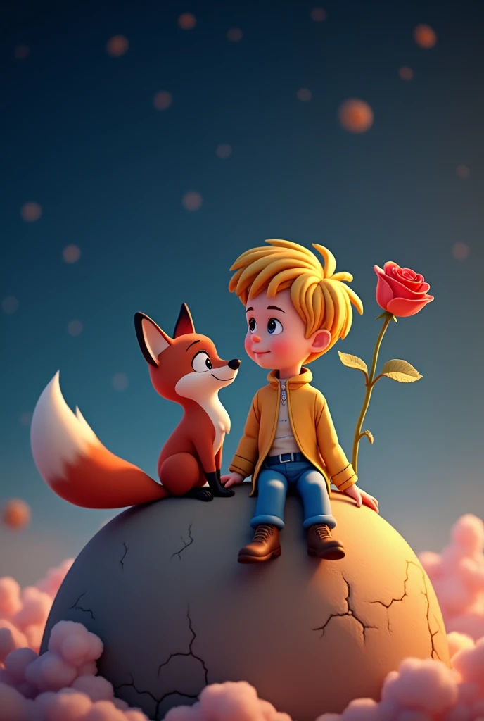 3d pixar style drawing of the little prince with his fox friend and the rose that he loves very much on his planet, They must be sitting on top of their planet happy, His features of the little prince and the fox must be tender