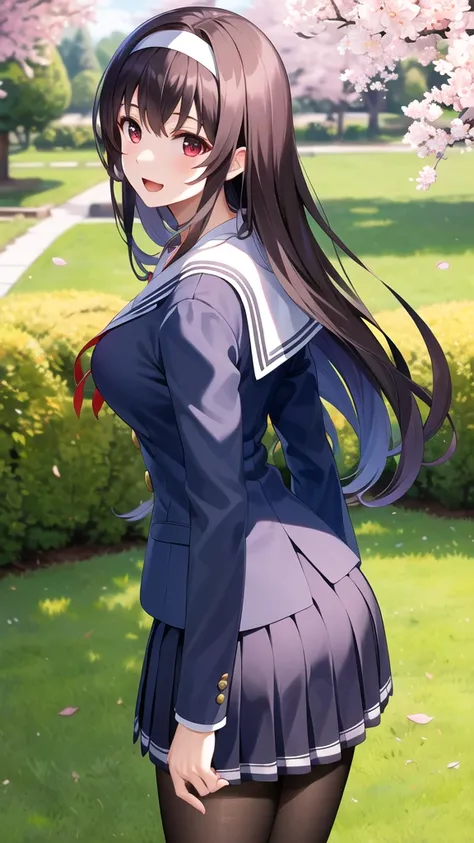 masterpiece, best quality, highres, aautaha, long hair, black hair, hairband, school uniform, sailor collar, blue blazer, long sleeves, pleated skirt, blue skirt, black pantyhose, arms behind back, cherry blossoms, outdoors, standing, cowboy shot, smile, o...