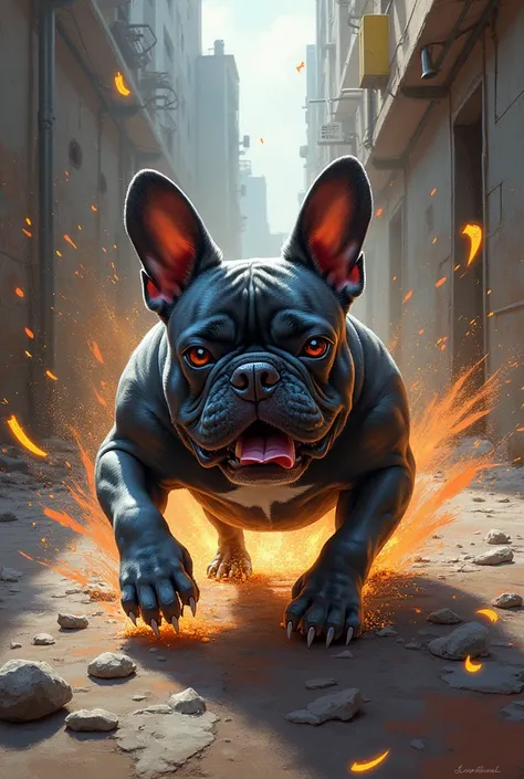 A blue French bulldog fighting 