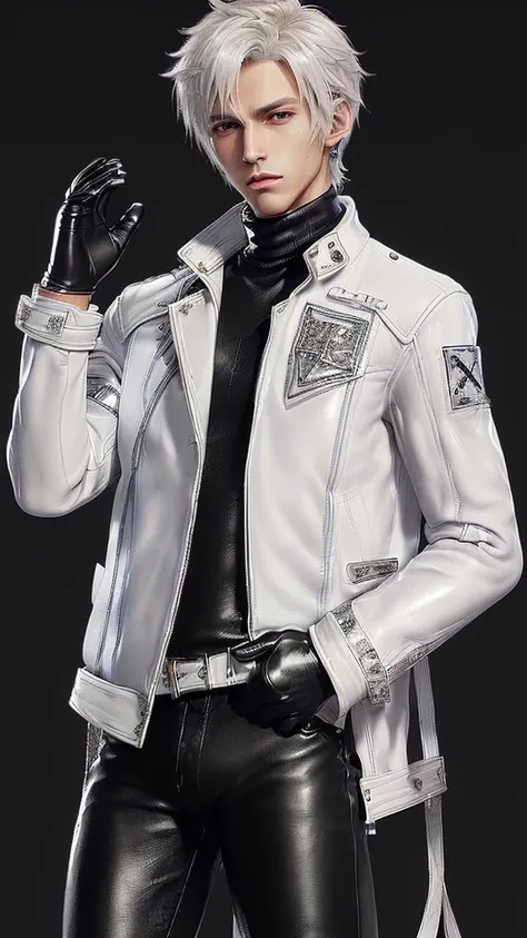 ((Final fantasy taste and reality graphics)), ((Japanese young cute and cool ikemen  boy)), his age is early 20s, thin eyebrows and beady eyes,  ((((he wearing white color leather very thick single-brest jacket)))),((((leather jacket is smooth luster and s...