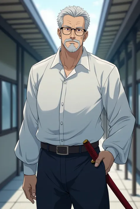 Japanese anime style, a middle-aged Japanese man with a strong stature, having a short beard and glasses, purple eyes and gray hair having a gentle expression and serene look, has clothes black pants and white dress shirt, carries a red katana at his waist