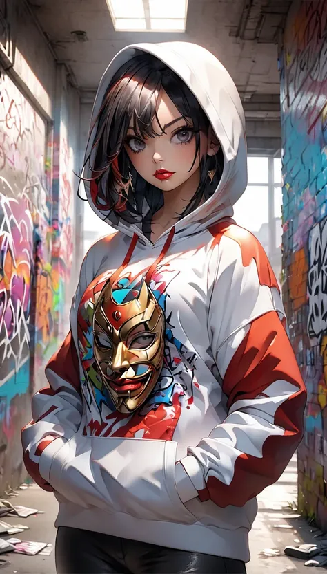  graffiti style hoodie, dynamic background, 1girl, hands in pockets, epic graffiti style hoodie, solo, hood up, decorative mask,creative shot, standing, looking at viewer, red joker lips on mask,  hyperdetailed black eyes,  hyperrealistic and hyperdetailed...