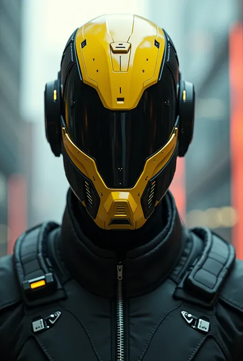 Man with technological mask that covers his entire face, yellow and black on his face without being scary 