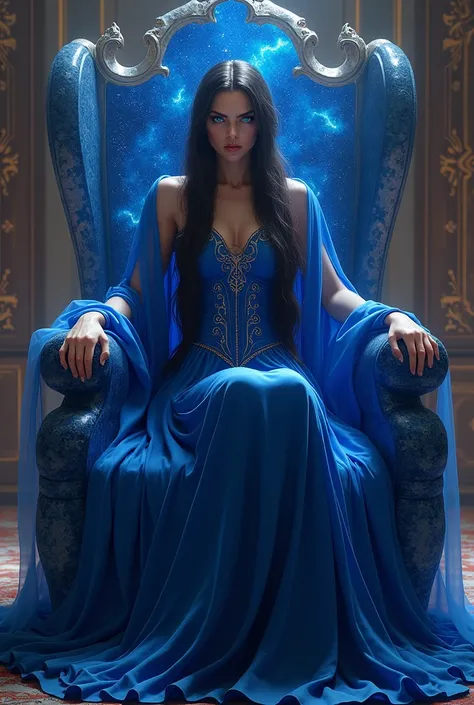 a duchess with blue eyes and black hair angrily sitting on her sapphire throne, with her blue dress 