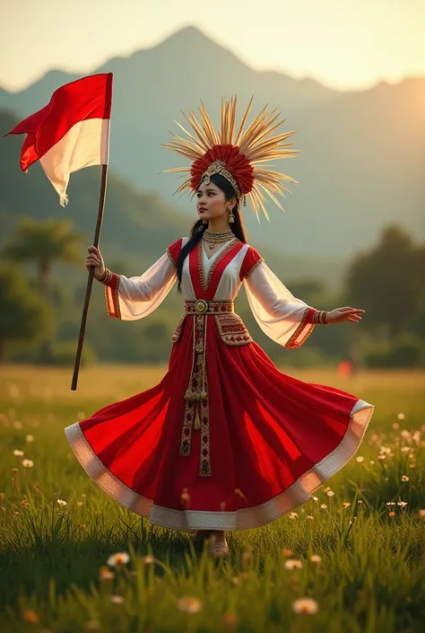 Photoshot of a beautiful woman in a Dayak tribe&#39;s red and white dress, wearing a mah kota bird cendra wasih dancing in a green meadow with a beautiful mountain view and a red and white flag.