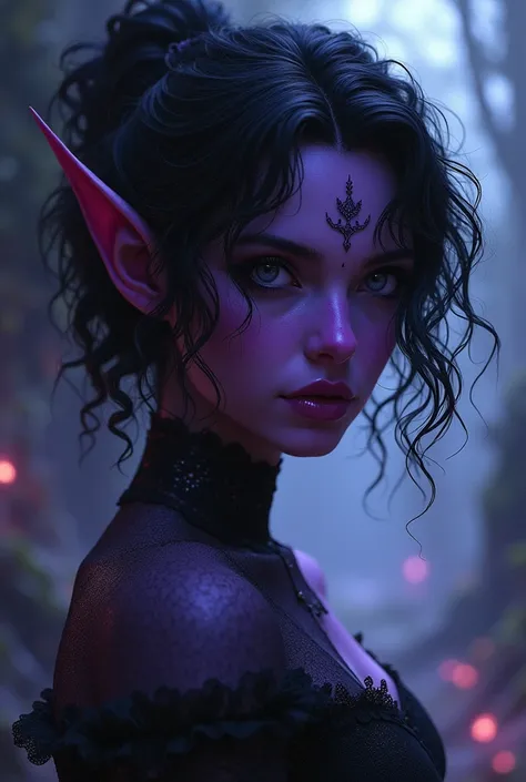 Female tiefling curly black hair purple skin black eyes
