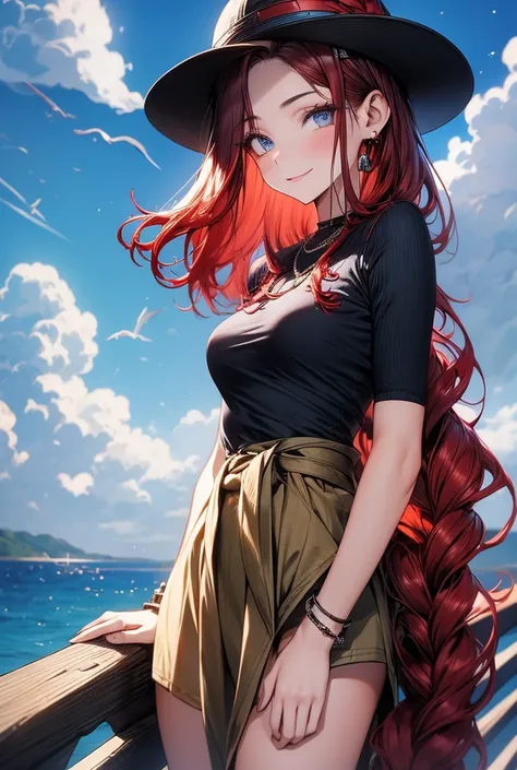 1 girl with waist-length red hair with waves, blue eyes, medium breasts, slim waist casual wear
