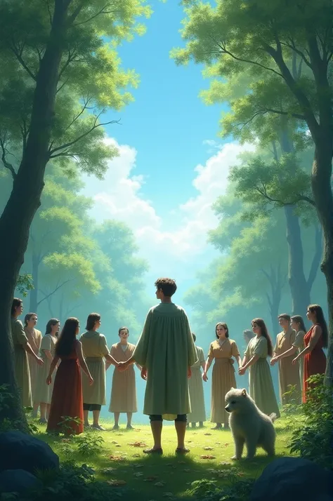 A young man standing, inside a circle formed with many people holding hands in a green forest with a beautiful sky. Next to the young man there is a fogsta 