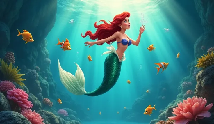 Ariel swimming with the fish to the surface