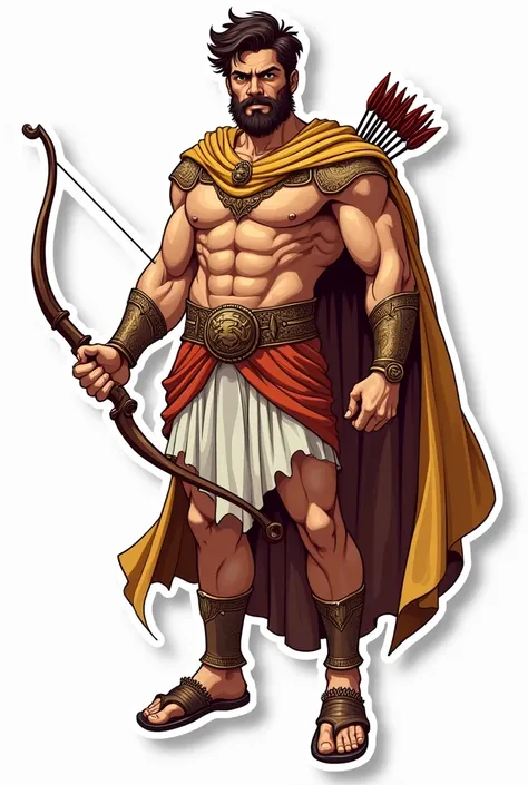 Apollo the god of sun wearing an armour and holding a bow and arrow and a lyre. Make him facing in front and his face a little fierce. No background, with bold outline, and sticker style. Make it just a half body. Make him holding the bow in his right hand...