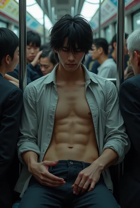 Realistic、Handsome Men、、Japanese、Slim body、Mash Hair、Open shirt、Six-pack、Pulled down trousers、crowded train、The old man next to me puts his hand in his pants