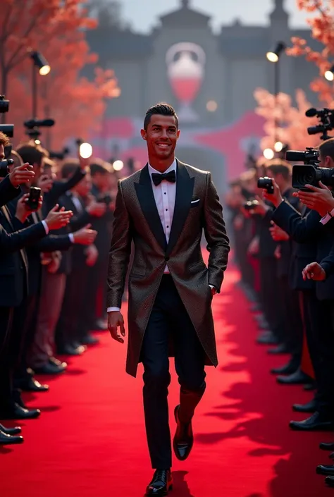 Cristiano Ronaldo;avec des vêtements de luxe; fait son entrée en France,à un événement pour le tirages de la ligue des champions,sur un tapis rouge,en sourient (imagine realistic ;hd)