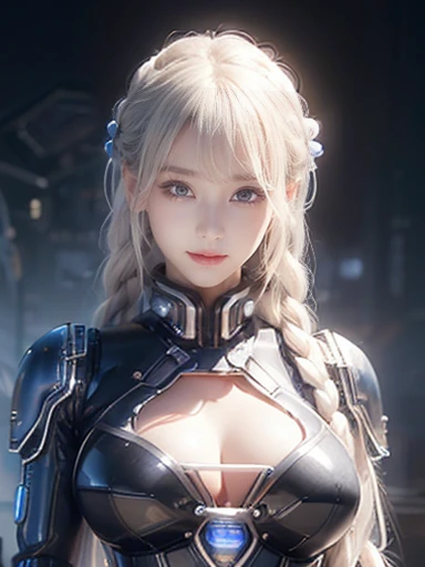 ((Highest quality))、((Very detailed))、(Detailed eyes:1.6))、((Seductive pose))、(Huge breasts:1.4)、Platinum Blonde Hair、Braided hair、(Black Mechanical Suit:1.3)、smile、Heart Necklace、(electronic space:1.2)、From below、(Atmospheric visualization)、flash、cyber pu...