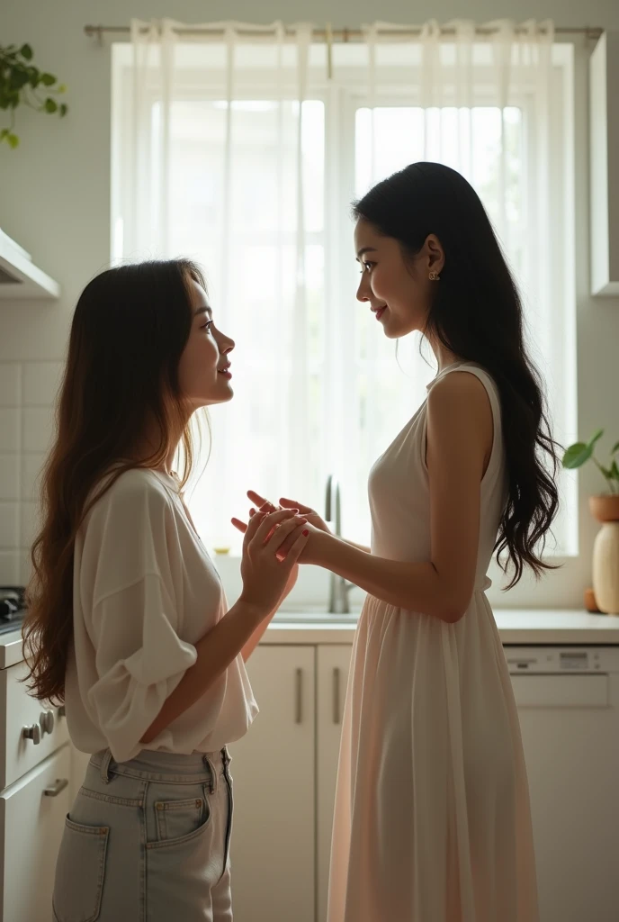 an asian woman with long black hair standing in front of another asian woman with long blonde hair kneeling proposing in a white kitchen realistic cinematic