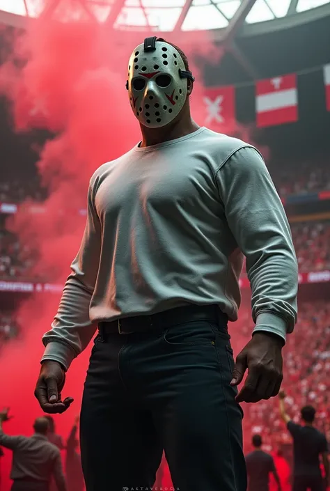 Jason Voorhees with stadium behind, wearing a white long-sleeved shirt, with red flare smoke, banners in the crowd with red colors, White and black 