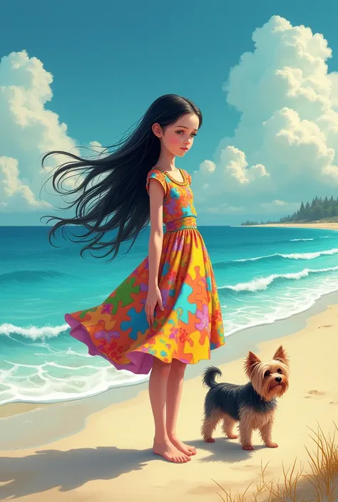  girl with long black hair, white skin with a very colorful autism dress on the beach with a yorkshire 
