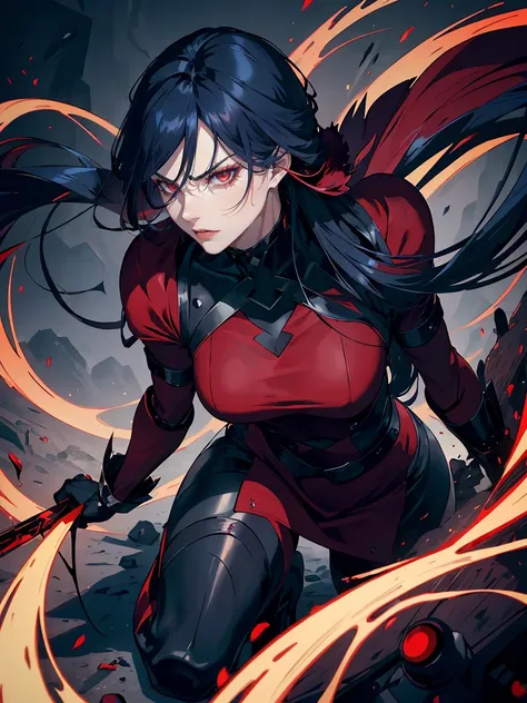 Long blue hair, red eyes, evil, sexy, black and red clothes, tied hair, cute hairstyle, evil face, evil, serious look, gloss lips, sit, sinister, front look, bloody, gloves, beautiful eyes, short dress, big white, dark place, night, sensual, straight hair ...