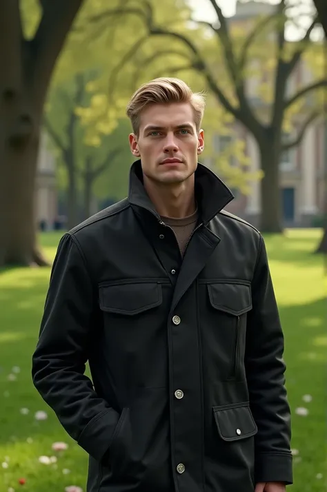 A fully realistic blonde man wearing black jacket in hyde park 30 years old 