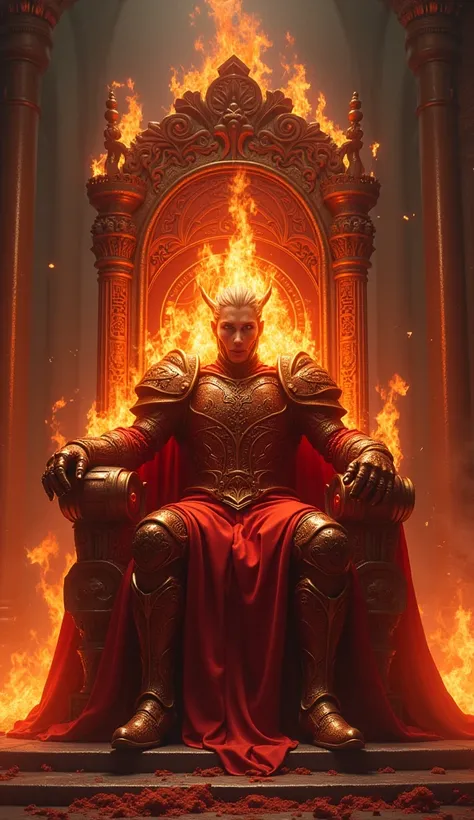 Fire knight poses sitting on a throne