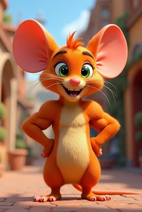 An orange mouse with big muscles, very high, muscular abs and green eyes smiling, disney pixar style 3d.