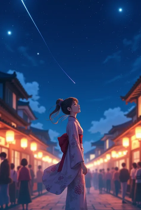 アニメ, girl sideways, romantic, tanabata, japanese summer festival, lamps, lampions, light, fullbody, natta, whole body to see, perspective, shooting star, traditional buildings, sharpness in the background, girls from head to toe