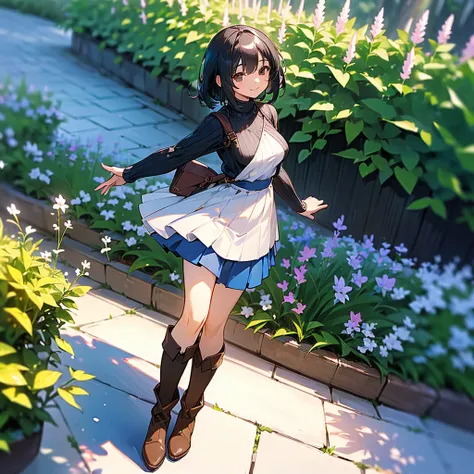 (high quality, High resolution, Very detailed, reality:1.37), Peaceful atmosphere, (Outdoor, garden), Teenage girl standing alone, (my breasts are big.), Beautiful details, Cute Smile, (Black bob hair), Ribbed sweater, Blue Skirt, Black tights, Brown boots...