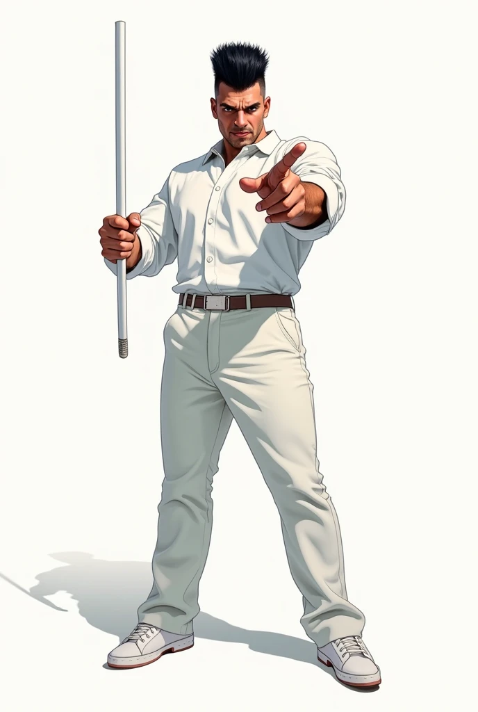 A drawing of a man in a white shirt and pants with a black power haircut holding a white stick pointing the tip of the stick at the screen like on a comic book cover