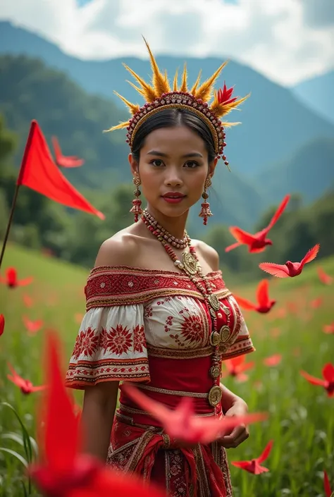 Photoshot of a beautiful woman with the concept of a Dayak Dayak tribe&#39;s traditional dress in red and white color wearing mah kota birds are dancing in the green meadow with a beautiful view of the mountains and there are red and white flags