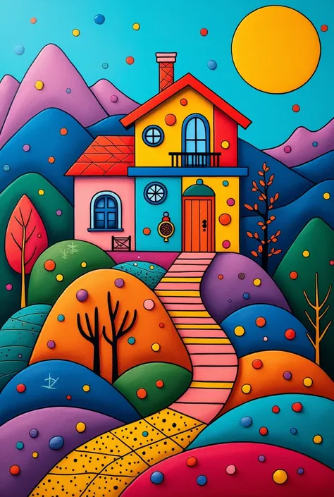 Create an image like the works of Romero Britto, a square image with a house on the mountain 