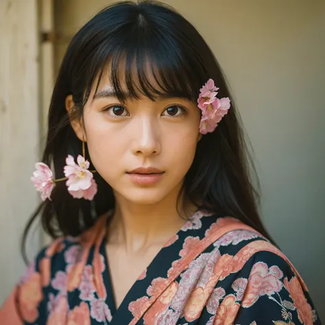 a hyper-realistic image of a single japanese woman in her early 20s, captured from the shoulders up with the nostalgic warmth an...