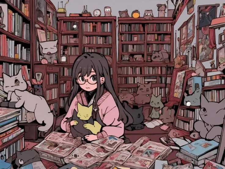 One 20-year-old girl,Glasses,Holding a cat,A room littered with comics and magazines,A pile of novels and books,TV not working,