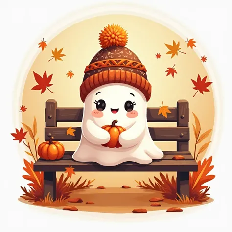  "Member badge. Theme: Cute Halloween, featuring a playful ghost in a beanie, holding a small pumpkin, sitting on a park bench with colorful autumn leaves around. Leave a blank space for the name or insignia."