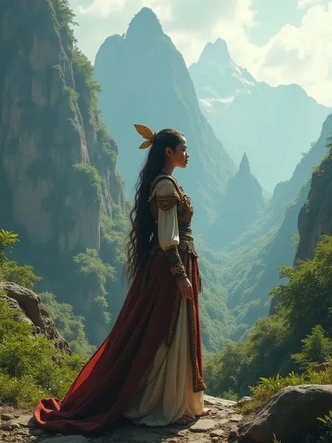 Create a fantastical quest scene with the Malay woman in medieval fantasy attire, embarking on an epic journey, reminiscent of epic fantasy films like The Lord of the Rings.