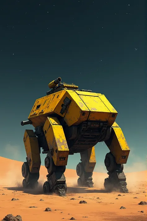 An intricate four legged yellow battletank in a desert at night 