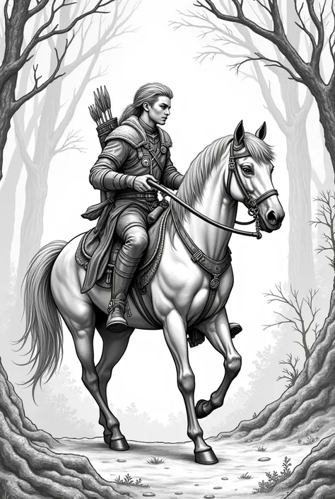 Elf archer riding his horse, ao fundo uma floresta. Black and white drawing to color