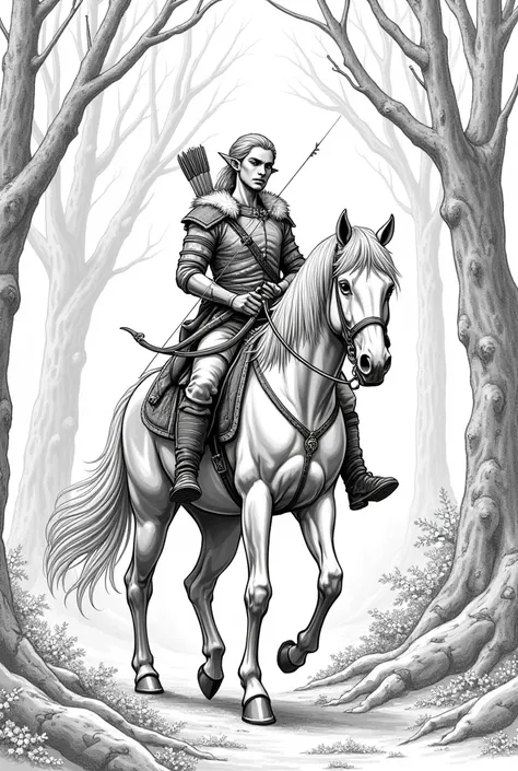 Elf archer riding his horse, ao fundo uma floresta. Black and white drawing to color