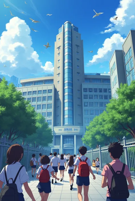 A view of a Korean high school in the morning. Students walk briskly into the school. The school&#39;s reputation as a place where students of diverse abilities gather and a competitive field full of dreams and ambitions is described. Anime