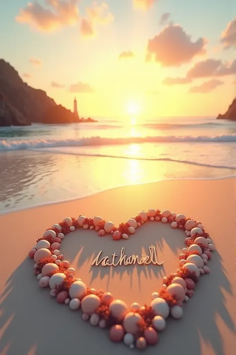 Create a sunset on a deserted beach where the sky is light-colored, the soft golden sand is illuminated by the last rays of the sun. In the center of the beach there is a heart drawn with seashells and inside it says nathaniell written delicately and the s...