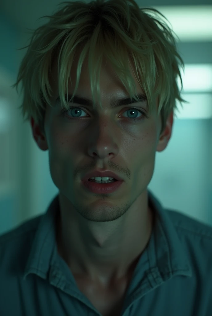 A 30-YEAR-OLD MAN, patient in a mental hospital, blond hair with bangs, blue and disturbing eyes, dark face and creepy crooked smile