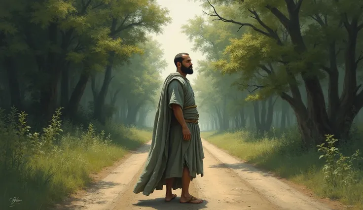 A male Stoic philosopher, around 2, with a well-proportioned and attractive physique, slightly tanned skin, and a short, well-trimmed beard, stands in deep reflection at a fork in the road. He wears classic tunics in soft earthy tones—gray and olive green—...