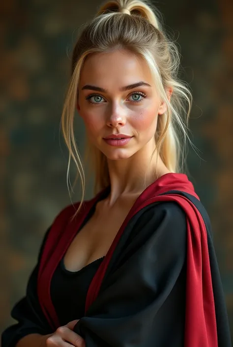 (RAW Photo) , beautiful blue-eyed girl in her 20s with long blonde hair in ponytail , (((ankle 
length ((black and red lined satin cape:1.20))+++ tied at the neck))) , leotard , full body, slight skin 
blemishes, sly smile, high-quality ultra realistic sty...