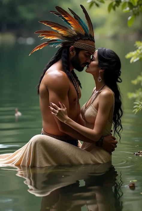 Indian man with feathers on his head naked having sex with a female actress from the twenties in a lake 