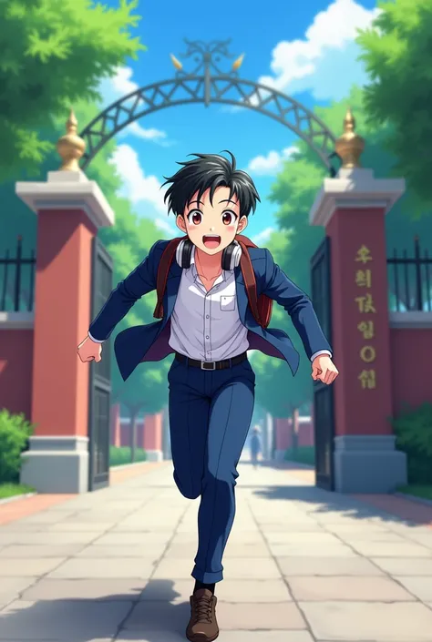 A handsome boy wearing a Korean school uniform is running through the school gate with an excited face, headphones around his neck and a backpack on his back. Anime