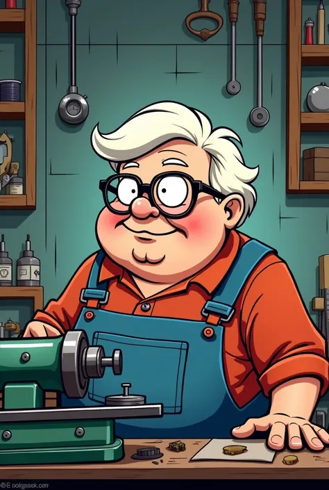 A short fat white haired lathe operator at a lathe with glasses in comic 
