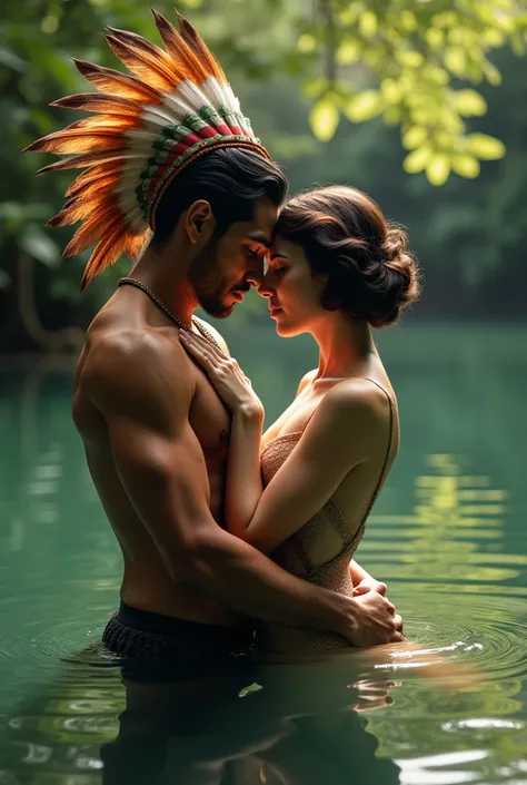 Indian man with feathers on his head naked having sex with a woman actress from the twenties with short hair naked in a lake 