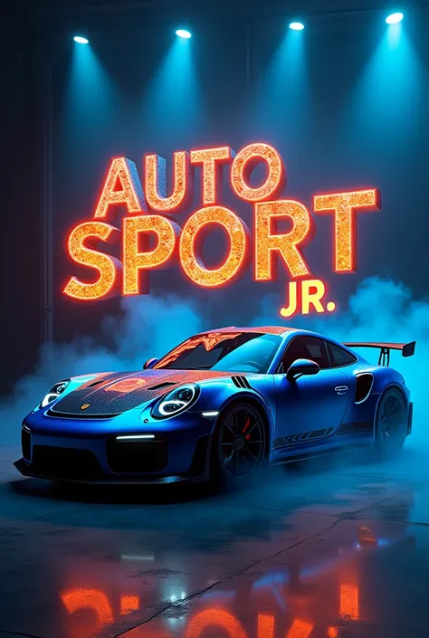 A luxury car, a blue and black Porsche.
That the title is Auto Sport JR That the title is made of fire and decorated like something mechanical that has blue and black smoke coming out in the background.
that all this is in a room with lights from below add...