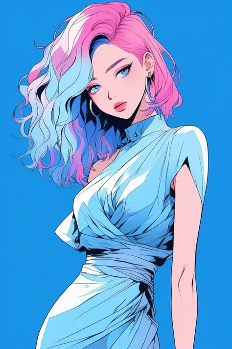 Illustrator, anime , Realistic ,sketch , 1 person, model, 20-year-old, lip, A wrap dress that shows off your body lines, order, Blue gradient background, Neon Hair, Are standing, Sexy pose, Texture Trim, Canadian, (masterpiece,Highest quality) cancer