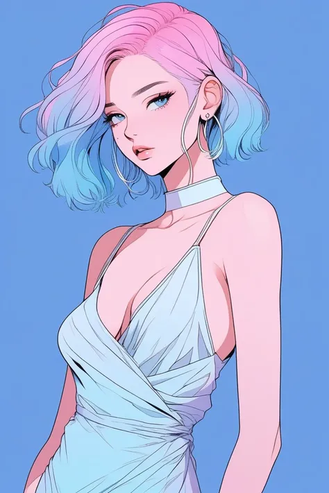 Illustrator, anime , Realistic ,sketch , 1 person, model, 20-year-old, lip, A wrap dress that shows off your body lines, order, Blue gradient background, Neon Hair, Are standing, Sexy pose, Texture Trim, Canadian, (masterpiece,Highest quality) cancer