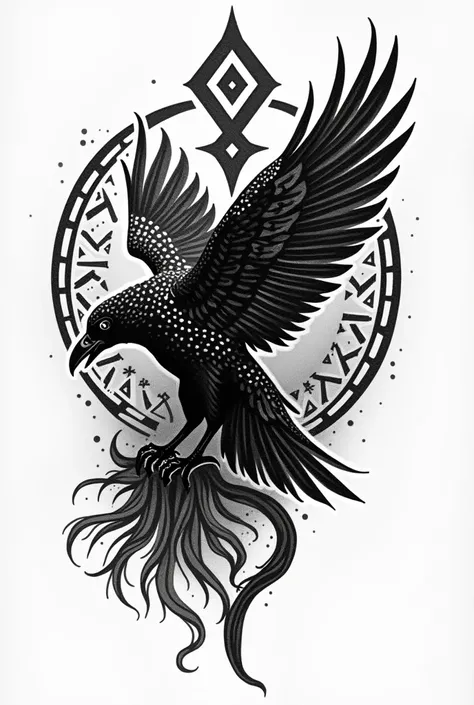 Create a black and white pointillism tattoo of a Viking metaphor with a raven and runes