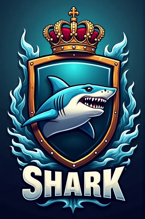 Create a shield with a crown and a shark inside., Add the text “shark”